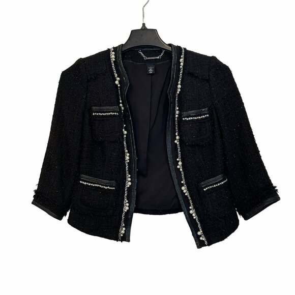 ✨White House Black Market Women's Black Tweed Jacket With Pearl Chain Trim✨ - Picture 1 of 7
